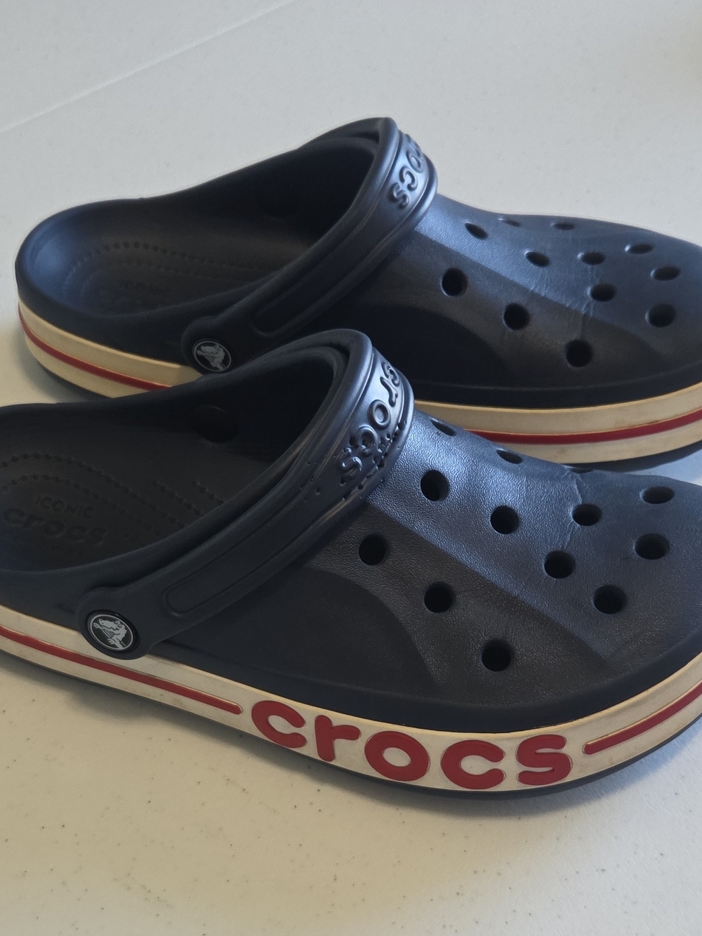 CROCS Navy Slip-On Clog with Red and White Midsole Accents Men's 8 Women's 10